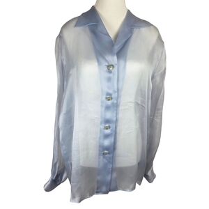 Sheer Light Blue Satin Button-Up Blouse